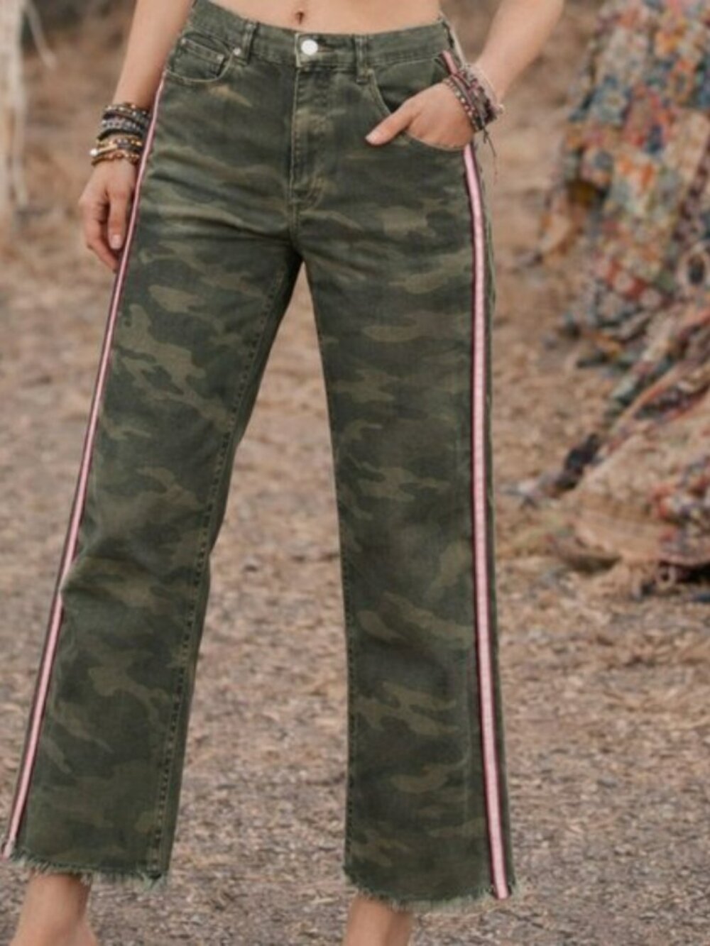 Zara Woman Camo Raw Fray Hem Crystal Embellished Crop Jean, Size 6